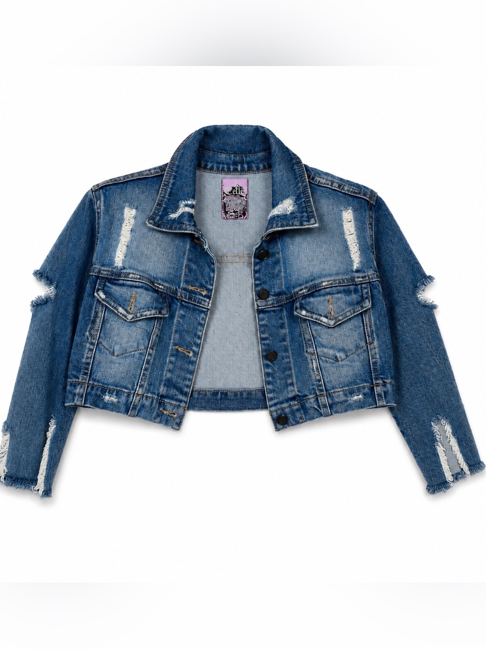 Elle Distressed Light Blue Cropped Denim Jacket - Picture 1 of 4